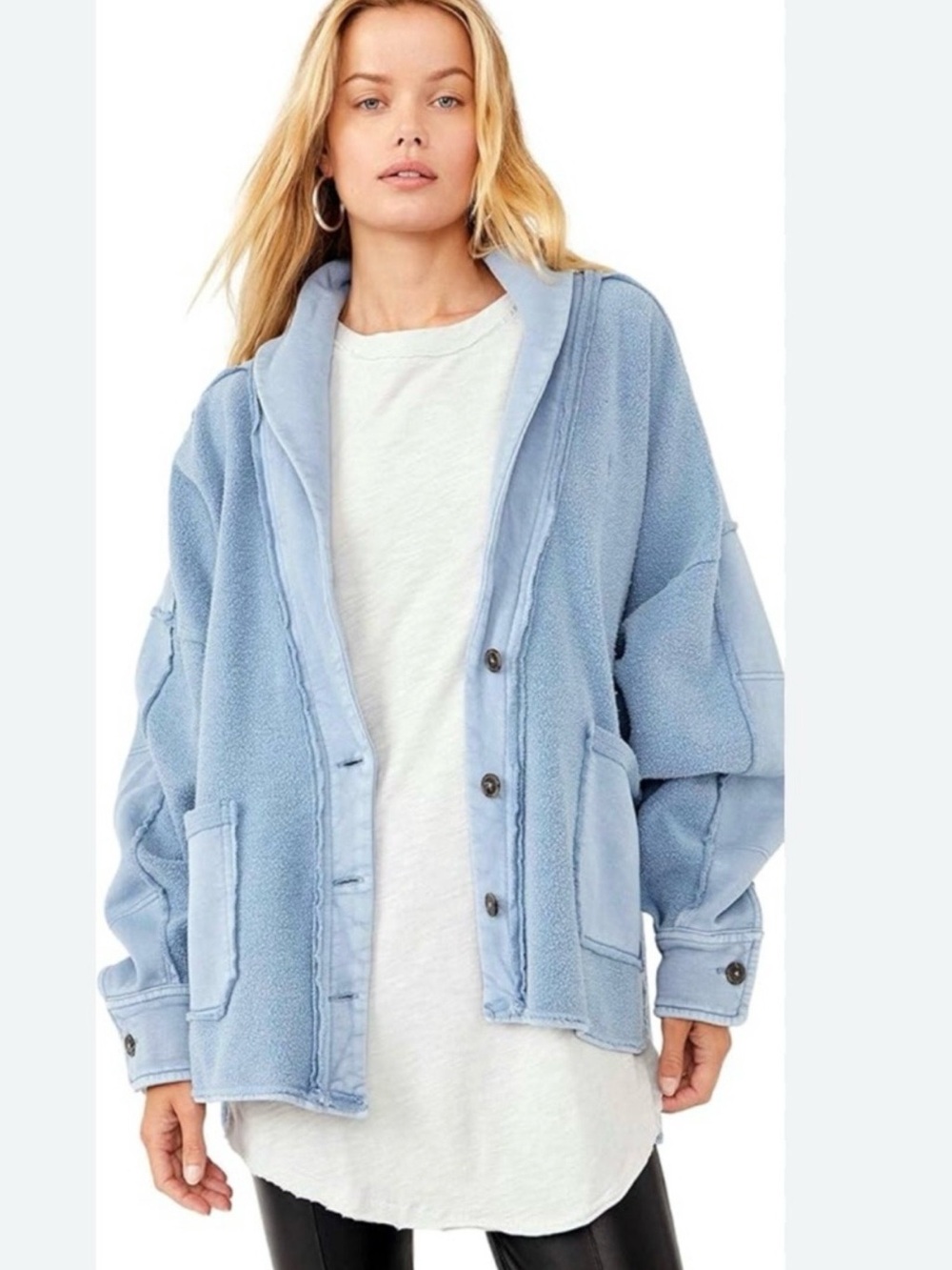 Free People Oversized Blue Jordan Shacket with Button Closure